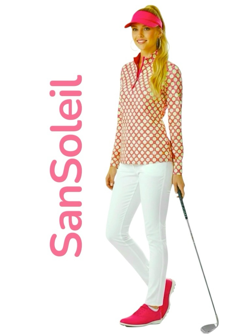 SanSoleil Top Activewear UPF 50+ Pink Yellow Golf Vent/Long/Sleeve 3/4 Zip Sz L